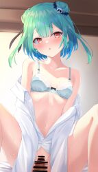 bar_censor bare_shoulders blue_hair bra censored clothed_sex double_bun dress_shirt earrings female gradient_hair green_hair hair_bun hair_ornament hair_ribbon highres hololive hololive_fantasy hololive_japan jewelry kurono_yuzuko looking_at_viewer m_legs medium_hair multicolored_hair navel paid_reward_available penis petite pov pov_crotch red_eyes ribbon sex shirt shirt_partially_removed sidelocks skull_earrings skull_hair_ornament solo_focus spread_legs straight underwear uruha_rushia vaginal_penetration virtual_youtuber white_shirt