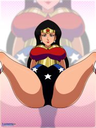 1girls artist_name black_hair blue_eyes dc dc_comics diana_prince female female_only fully_clothed huge_breasts layerth lipstick long_black_hair long_hair looking_at_viewer solo spread_legs star_earrings thick_thighs tiara underboob wonder_woman wonder_woman_(series)