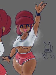 1boy1girl ^_^ ass booty_shorts breasts bulge bulge_through_clothing closed_eyes crop_top dark_skin erection erection_under_clothes glewd max_(stashamber) smile smiling stashamber_(artist) sweat sweating sweaty tagme underboob waving worker_bee_(glewd)