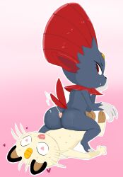 anthro buttjob cum drawn feline furry heart heart-shaped_pupils hoshime koban_(coin) meowth penis pink_background pokémon_(species) pokemon sweat tail weavile whiskers