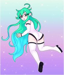 alien alien_girl alien_humanoid arm_sleeves armwear ass ass_focus big_ass big_butt blue_hair boots breasts clothed down_to_earth elf elf_ears elf_female elf_girl female female_focus female_only fingerless_gloves floating flying franticfoe_(artist) green_hair looking_down_at_viewer pussy pussy_bulge pussy_peek pussy_through_clothing shocked shocked_expression small_breasts small_chest socks suprised suprised_look tall_socks thick_ass thick_thighs thigh_boots thighhigh_socks thighhighs tight_clothes tight_clothing tight_socks zaida zaida_(down_to_earth)