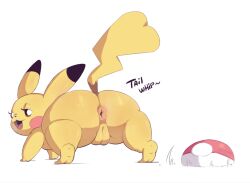 amailemon anus ass big_ass brown_eyes english_text female feral fur gameplay_mechanics generation_1_pokemon genitals looking_at_viewer looking_back nintendo pikachu pink_anus pokeball pokemon pokemon_(species) pussy rear_view solo tail text thick_thighs yellow_body