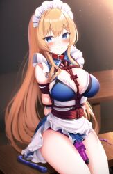 1girls ai_generated big_breasts blue_eyes bondage bound collar damsel_in_distress female maid maid_apron maid_headdress maid_uniform orange_hair pecorine pecorine_(princess_connect!) princess_connect! red_rope restrained sex_toy smile tied_up tiques vibrator vibrator_in_pussy