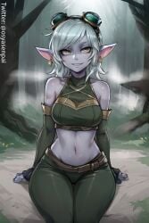 1girls ai_generated athletic_female bare_shoulders belly breasts earrings female female_only forest grey_hair league_of_legends medium_breasts medium_hair osyasenpai outdoors solo solo_female stable_diffusion toned_stomach tristana wide_hips yellow_eyes yordle