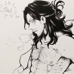 1boy aizawa_shouta artist_request black_hair chest_hair eraserhead male male_chest male_nipples male_only mature_male my_hero_academia shouta_aizawa text x