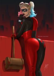 1girls arched_back arion69 batman_(series) big_ass black_lipstick dc dc_comics domino_mask female female_only fully_clothed harley_quinn jester_outfit looking_at_viewer mallet ponytails skintight_bodysuit solo tagme