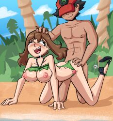 ass beach big_breasts bikini breasts brown_hair doggy_style green_bikini green_clothing happy_sex may_(pokemon) nanus2 nintendo nipples pokemon pulling_hair satoshi_(pokemon) sex wedge_heels