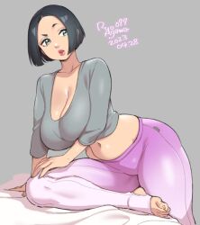 bob_cut cleavage huge_breasts ryo_agawa stirrup_legwear yoga_pants