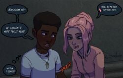 1boy blush brooklynn_(jurassic_world) closed_eyes daminccubs darius_(jurassic_world) dark-skinned_male dyed_hair female freckles interracial jurassic_park jurassic_world jurassic_world_camp_cretaceous on_the_floor pink_hair sewer tongue_out unzipping_pants