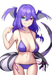 1girls ahoge bare_midriff bare_shoulders belly_button big_breasts bikini cleavage dragon_girl dragon_hand dragon_tail exposed_shoulders exposed_torso hair_between_eyes hair_wings head_wings heterochromia large_breasts looking_at_viewer midriff navel nijisanji nijisanji_en nitrus14 purple_bikini purple_hair selen_tatsuki smile smiling smiling_at_viewer solo solo_female solo_focus string_bikini swimsuit tail tummy twin_braids virtual_youtuber white_background