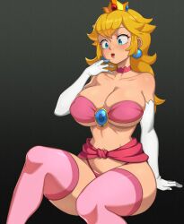 1girls big_breasts blonde_hair blush breasts cleavage female female_focus female_only flowerpigeon73 lipstick long_gloves mario_(series) nintendo princess_peach solo_female thick_thighs thighhighs thighs