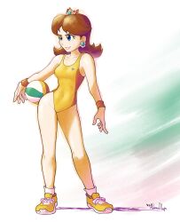 1girls 2020s 2023 beach_ball eronimbus female female_focus female_only jpeg leotard mario_(series) mario_and_sonic_at_the_olympic_games nintendo one-piece_swimsuit princess_daisy signature solo swimsuit swimwear tagme