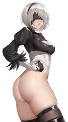 1girls android ass black_blindfold black_hairband blindfold bob_cut breasts hairband highleg_leotard highres juliet_sleeves kuronerinka leotard long_sleeves medium_breasts mole_under_mouth nier:_automata nier_(series) puffy_sleeves short_hair simple_background skindentation solo thighs white_background white_hair white_leotard yorha_2b