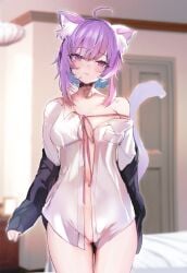 absurdres ahoge animal_collar animal_ear_fluff animal_ears blush breasts cat_ears cat_girl cat_tail collar female hair_between_eyes highres hololive large_breasts long_sleeves looking_at_viewer navel nekomata_okayu niku_(hamuchang) purple_eyes purple_hair pussy pussy_peek shirt single_bare_shoulder solo sweat tail thighs virtual_youtuber