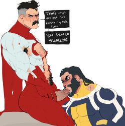 balls bara beard blowjob blush boner costume erection facial_hair gay gay_blowjob invincible male male_only moustache muscles muscular nolan_grayson omni-man oral penis penis_out ripped_clothing scullvi speech_bubble superhero_costume the_immortal