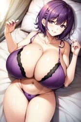 1girls ai_generated bed big_breasts big_thighs breasts female female_only giant_breasts gigantic_breasts holaraai huge_breasts huge_thighs hyper_breasts large_breasts laying_on_bed lingerie looking_at_viewer massive_breasts mature_female milf on_bed original original_character pillow purple_eyes purple_hair purple_lingerie purple_underwear shenqi_hutao short_hair smile solo solo_female thick_thighs thighs underwear wide_thighs