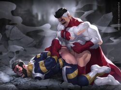 2boys anal anal_sex balls bara beard costume facial_hair gay hands_behind_back invincible luxuris male male_only moustache muscles muscular nolan_grayson omni-man open_mouth penis ripped_clothing sex superhero_costume the_immortal