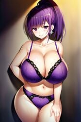 1girls ai_generated big_breasts big_thighs blush breasts busty chubby curvy female female_only gigantic_breasts holaraai huge_breasts huge_thighs large_breasts lingerie looking_at_viewer massive_breasts mature_female milf original original_character ponytail purple_hair purple_lingerie purple_underwear shenqi_hutao smile solo solo_female thick_thighs thighs underwear voluptuous