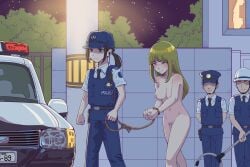 2boys 2girls absurdres arrest arrested barefoot baseball_cap black_hair black_necktie blonde_hair blue_eyes blue_headwear blue_pants blue_vest blush blushing bondage bound bound_wrists breasts brown_hair car chinese_commentary clenched_hands closed_eyes closed_mouth clothed/nude clothed_female_nude_female clothed_male_nude_female clothed_on_nude collarbone collared_shirt commentary_request completely_naked completely_nude completely_nude_female cowboy_shot crying earpiece embarrassed embarrassed_nude_female exhibitionism faceless faceless_male female female_pubic_hair green_eyes hands_together hat highres hips holding holding_rope humiliation legs leveen license_plate light-skinned_female light_skin long_hair man_catcher medium_breasts motor_vehicle multiple_boys multiple_girls nakazawa_kaori navel necktie night night_sky nipples nude nude_female only_one_naked original outdoor_nudity outdoors pants patch peaked_cap pocket police police_car police_hat police_uniform policeman policewoman ponytail pubic_hair public public_indecency public_nudity pussy_juice rope rope_bondage second-party_source shaded_face shirt short_sleeves shoulder_patches sidelocks sky smile standing star_(sky) starry_sky tears thighs uniform utility_pole vest walkie-talkie walking white_headwear white_shirt
