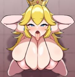 1girls alternate_breast_size bikini blonde_hair blue_eyes breasts detritus duvet208 female huge_breasts hyper_breasts kneeling light-skinned_female light_skin long_hair mario_(series) massive_breasts naughty_face nintendo open_mouth princess_peach tongue tongue_out