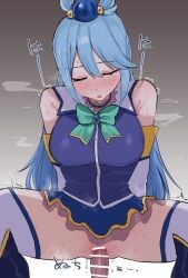 /// 1boy 1girls aqua_(konosuba) blue_eyes blue_hair blush breasts closed_eyes cowgirl_position female hair_ornament just_the_tip kobinbin kono_subarashii_sekai_ni_shukufuku_wo! no_panties penis pussy sex sitting_on_penis skirt spread_legs sweat thighhighs unprotected_sex vaginal_penetration