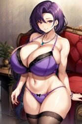 ai_generated big_breasts breasts busty chubby curvy female female_only giant_breasts gigantic_breasts holaraai huge_breasts large_breasts lingerie looking_at_viewer massive_breasts mature_female milf navel original original_character purple_eyes purple_hair purple_lingerie purple_underwear shenqi_hutao short_hair smile solo solo_female underwear voluptuous