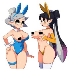 2girls bare_shoulders black_hair blush breasts breasts_out bunny_ears bunnysuit callie_(splatoon) censor_bar censored censored_breasts censored_nipples detached_sleeves earrings female female_only flowerpigeon73 half-closed_eyes leotard light-skinned_female light_hair light_skin long_hair marie_(splatoon) mole mole_under_eye multicolored_hair nintendo nipples one_breast_out pink_hair pointed_ears pointy_ears short_hair silver_hair splatoon squid_sisters symbol-shaped_pupils thigh_strap thighhighs thighs topless twintails white_hair wide_hips yellow_eyes