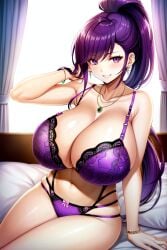 1girls ai_generated big_breasts big_thighs blush breasts busty chubby curvy female female_only gigantic_breasts holaraai huge_breasts huge_thighs large_breasts lingerie looking_at_viewer massive_breasts mature_female milf original original_character ponytail purple_hair purple_lingerie purple_underwear shenqi_hutao smile solo solo_female thick_thighs thighs underwear voluptuous