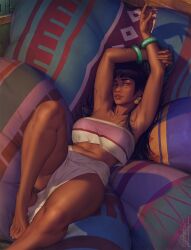 1girls armpits barefoot bed big_breasts black_hair breasts brown_body brown_skin chel dark-skinned_female dark_skin earrings feet female female_focus female_only huge_breasts jewelry krysdecker laying_on_bed legs long_hair long_legs the_road_to_el_dorado thighs