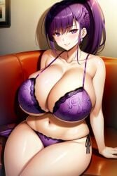 1girls ai_generated big_breasts big_thighs blush breasts busty chubby curvy female female_only gigantic_breasts holaraai huge_breasts huge_thighs large_breasts lingerie looking_at_viewer massive_breasts mature_female milf original original_character ponytail purple_hair purple_lingerie purple_underwear shenqi_hutao smile solo solo_female thick_thighs thighs underwear voluptuous