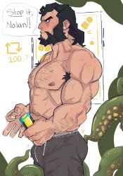 armpit_hair balls bara beard blush bulge can facial_hair invincible kaiju male male_only muscles muscular pants penis scullvi shirtless speech_bubble tentacle tentacle_on_male the_immortal