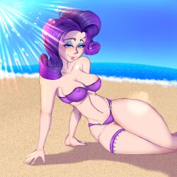 1girls beach big_breasts bikini blue_eyes blue_nails breasts clip_studio_paint curvy drawing equestria_girls female female_only friendship_is_magic garter_belt girly_girl hasbro hips human lens_flare makeup my_little_pony nipple_bulge on_beach pose purple_clothing purple_hair rarity_(mlp) seductive softcore solo solo_female straight_hair swimsuit swimwear thelewdlewdgoat