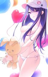 areolae bikini_bottom breasts cap hoshino_ai infinity_(kkx132) long_hair looking_at_viewer medium_breasts nipples oshi_no_ko plushie purple_eyes purple_hair star_eyes tongue_out topless