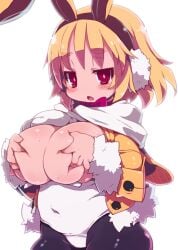 breasts bunny_ears bunny_girl bunnysuit covering_breasts disgaea disgaea_5 exposed_breasts huge_breasts large_breasts nippon_ichi_software sweat usalia_(disgaea) zankuro