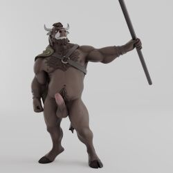 1:1 absurd_res anthro balls big_penis bovid bovine brown_body brown_fur buru_(buruthebull) buruthebull foreskin fur genitals hi_res horn humanoid_genitalia humanoid_penis male mammal muscular muscular_male nude penis tail