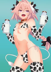 1boy absurdres animal_ear_hairband animal_ears animal_print astolfo_(fate) bell bikini black_bow bottle bow braid bulge cow_ear_hairband cow_ears cow_horns cow_print cow_print_bikini cow_print_gloves cow_print_thighhighs cow_tail crossdressing crossdressing_(mtf) elbow_gloves fake_animal_ears fake_horns fate/grand_order fate_(series) femboy gloves hair_bow hair_intakes hairband highres horns kiyumoto7802 long_hair male_focus milk_bottle multicolored_hair navel neck_bell open_mouth print_bikini print_gloves print_thighhighs purple_eyes side-tie_bikini_bottom single_braid solo streaked_hair swimsuit tail thighhighs trap very_long_hair white_streaks