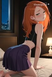 1girl ai_assisted ai_generated all_fours anime_screenshot barefoot candle_light candles covered_erect_nipples cowboy_shot crop_top dark_room green_eyes half_closed_eyes highres hotel_room kim_possible leotard long_hair looking_at_viewer looking_back_at_viewer midriff night on_all_fours on_bed orange_hair parted_lips shy simple_background skirt sleeveless small_ass small_breasts soles solo viewed_from_behind window
