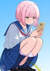 1girl black_shoes blue_background blue_sailor_collar blue_skirt blue_sky cellphone expressionless fukouko_(keisuke309) full_body gradient_background green_eyes highres holding holding_phone keisuke309 loafers long_sleeves looking_at_phone neckerchief original panties panty_pull parted_lips pee pee_stain peeing penny_loafers phone pink_hair pissing pleated_skirt purple_panties red_neckerchief sailor_collar shirt shoes short_hair skirt sky smartphone solo sparkle squatting stained_panties underwear urination white_shirt