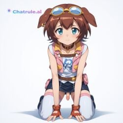 1_girl 1girl adult ai_assisted ai_generated anime anime_coloring anime_screencap animification belt belt_pouch blue_eyes brown_hair collar ear_piercing eyewear_on_head fingerless_gloves gloves goggles hand_on_penis high_quality highres jacket leaning_back looking_at_viewer metal_fight_beyblade miniskirt naked nude on_knees penis pouch sexually_suggestive shirt skirt small_penis solo source_anime thighhighs transgender vest view_from_behind white_background white_thighhighs