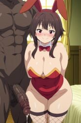 1boy ai_generated astrawaifu big_breasts big_penis brown_hair bunny_ears bunny_girl curvy curvy_body curvy_female curvy_figure curvy_hips dark-skinned_male huge_cock interracial kono_subarashii_sekai_ni_shukufuku_wo! large_breasts large_penis looking_at_viewer megumin muscular_male pale-skinned_female red_eyes thick_hips thick_thighs