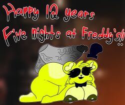 alternate_version_available areola bear bear_girl bowtie breasts breasts_out chaoticdream cock english_text female five_nights_at_freddy's floating_hat golden_freddy_(fnaf) hat large_balls large_penis massive_penis nervous nervous_smile nervous_sweat nipple_piercing nipples precum precum_drip tagme text unseen_character vein veins veiny_balls veiny_penis