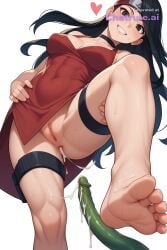 1girl 5_toes after_anal ai_assisted ai_generated anus barefoot black_choker black_eyes black_hair boruto breasts choker cleavage clothed clothing covered_navel cum cum_in_ass cum_inside cum_on_body cum_on_feet cumdrip dress feet female female_focus foot_fetish foot_focus foreshortening from_below hand_on_own_hip headband heart long_hair looking_at_viewer looking_down_at_viewer medium_breasts no_panties no_underwear pussy red_dress sarada_uchiha simple_background smile soles solo solo_focus standing standing_on_one_leg sweat thigh_strap toes upper_body white_background