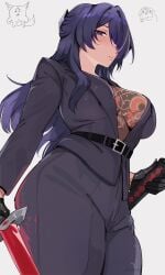 2girl absurdres acheron_(honkai:_star_rail) arnkun ass belt belt_around_belly big_ass big_breasts black_pants black_swan_(honkai:_star_rail) breast_tattoo breasts business_suit business_woman child_bearing_hips cowboy_shot elegant hair_ornament hair_over_one_eye highres hips hips_wider_than_shoulders holding holding_sword holding_weapon honkai:_star_rail honkai_(series) huge_ass huge_breasts inner_sideboob irezumi jacket katana long_hair looking_at_viewer looking_down mommy multicolored_hair open_suit pants purple_eyes purple_hair simple_background streaked_hair suit suit_jacket suit_pants sword tattoo tattoo_on_chest thick_thighs thighs waist weapon white_background yakuza