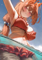 1girl armpits betabeet brown_hair cleavage daiwa_scarlet_(umamusume) frilled_bikini horse_ears horse_girl large_breasts long_hair looking_at_viewer navel partially_submerged red_bikini red_eyes solo stomach umamusume umamusume_pretty_derby water wet wet_body