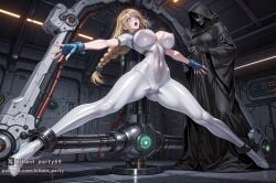 1girl ai_generated blonde_hair blue_eyes blue_gloves bodysuit braid breasts cameltoe covered_navel covered_nipples fingerless_gloves gloves hood impossible_bodysuit impossible_clothes large_breasts long_hair navel open_mouth science_fiction skin_tight sophitia_alexandra soul_calibur spread_legs star_wars villain_party69 weapon