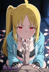 1girl 4k 8k absurd_res african_male aged_down ahoge ai_assisted ai_generated all_the_way_to_the_base angry anime_screencap annoyed beautiful beautiful_eyes beautiful_face big_ass black_choker black_gloves blacked blue_jumpsuit brat bratty breath brown_eyes bubble_butt choker cleavage crop_top cum_dump cum_dumpster cum_filled cum_in_mouth cum_overflow cum_splatter cum_string curvy dark dark_skin_male deepthroat detailed_background detailed_eyes detailed_face long_hair side_ponytail yellow_hair
