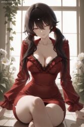 1girl ai_generated barefoot black_hair breasts cleavage closed_mouth collarbone crossed_legs date_a_live dress hair_between_eyes hi_res high_quality high_resolution large_breasts long_hair long_sleeves looking_at_viewer one_eye_closed panties patreon red_dress red_eyes seductive sexy short_dress sitting smile solo tokisaki_kurumi twintails uncensored underwear watermark