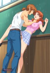 1girl against_wall ai_assisted ai_generated anime_coloring brown_hair chalkboard checkered_skirt doggy_style doggy_style_sex dripping_pussy facing_forward forced from_behind hand_on_back hand_on_neck head_turned lipstick long_hair looking_away looking_away_from_viewer looking_forward mature_female midriff mm mole_under_eye purple_eyes