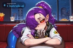 1girl 4k aged_down ahegao ai_assisted ai_generated all_the_way_to_the_base anthro_female bbc beautiful_eyes beautiful_face big_ass black_male blond_hair blue_pants bratty breath bubble_butt cum_dump cum_in_mouth cum_overflow cum_splatter cum_string curvy dark dark_skinned_male deepthroat detailed_background detailed_eyes detailed_face dim_lighting excessive_cum excessive_saliva fellatio fingernails forced_oral furry_female hair_over_one_eye long_hair megami_tensei orange_eyes pointy_ears purple_hair red_sclera shin_megami_tensei
