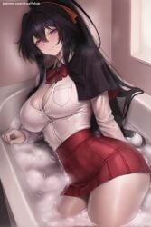 1girl ai_generated akeno_himejima artist_name bangs black_hair blush bow breasts cleavage dress_shirt eyebrows_visible_through_hair hair_between_eyes hair_ribbon hi_res high_quality high_resolution high_school_dxd large_breasts long_hair looking_at_viewer lying patreon pleated_skirt ponytail purple_eyes red_skirt ribbon school_uniform seductive sexy shirt sidelocks skirt smile solo thighs uncensored very_long_hair watermark white_shirt
